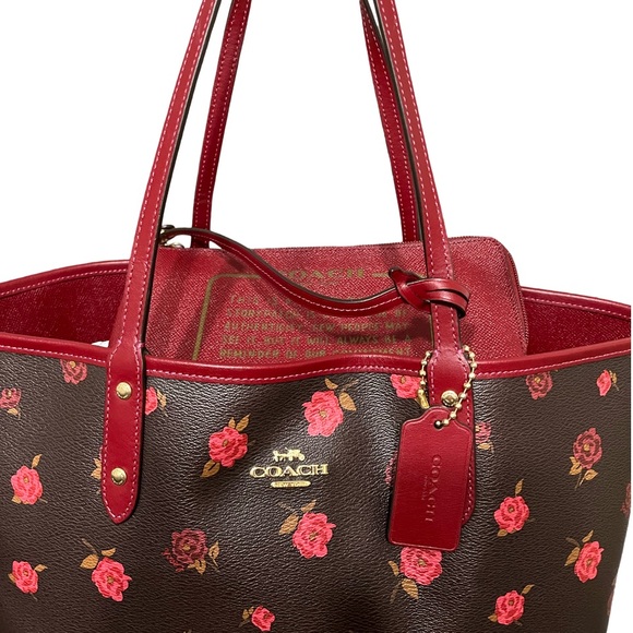 Coach Reversible City Tote Bag Tossed Peonies Oxblood/Cherry Coated Canvas - Picture 10 of 14